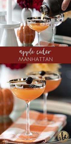 two glasses filled with orange liquid and garnished with an apple cider manhattan