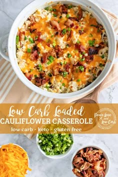 low carb loaded cauliflower casserole in a white dish surrounded by other ingredients