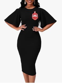 Delta Sigma Theta Dress with sorority shield embroidered on the dress. This dress is SUPER comfortable This is a bodycon dress, you might need to go up a size! PLEASE check the size chart before purchasing this dress! Delta Sigma Theta, Flare Sleeves, Flared Sleeves, Sorority, Fitted Dress, The Dress, Dress Outfits, Bodycon Dress, Size Chart