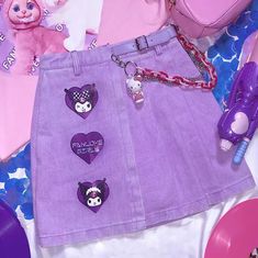 Harajuku+&+Lolita+high+waist+heart+printed+buckle+purple+A-line+skirt.(Chain+is+not+included.) We+offer+FREE+and+USPS+shipping+for+USA+and+China+Post+for+any+other+country+in+the+world.+Customer+service+is+included+in+the+price+too!! Color:+purple; Size:+ Size+S:+Length+38cm,+Waist+62cm... Harajuku Skirt, Pleated Denim Skirt, Estilo Harajuku, Japanese Flower, Vintage Clothing Stores, Purple Skirt, Kawaii Fashion Outfits, Flower Lace, Denim Cotton