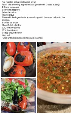 the recipe for this soup is shown in three different pictures, including tomatoes and other vegetables