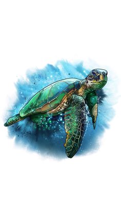 a drawing of a green sea turtle swimming in the ocean with blue water and bubbles