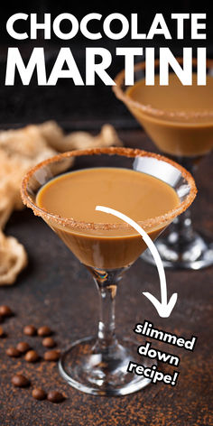 two martinis with the words chocolate martini on top and an image of coffee beans