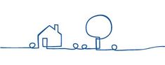 a blue line drawing of houses and trees