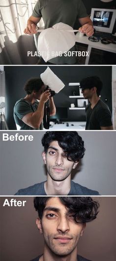 three different pictures with the same person doing something in them, and one man holding a camera