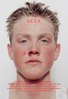 a young boy with freckles on his face and the words seek above him