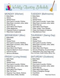 the weekly cleaning schedule is shown in this printable version, with instructions for cleaning and organizing