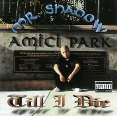 an album cover with a man sitting on the ground in front of a sign that says amic park