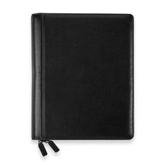 a black leather notebook on a white background