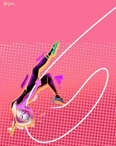 a woman flying through the air on top of a pink and purple background with white lines