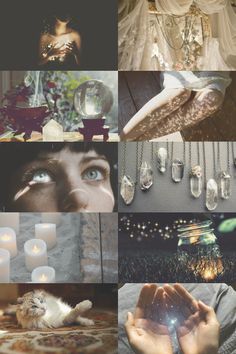 a collage of pictures with candles, lights, and other things in it's center