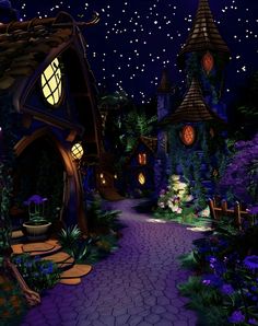 a night scene with a pathway leading to a small house in the middle of it