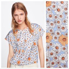 Nwt. Zara Full Cut Printed Crop Top With Round Neckline, Short Sleeves, Contrasting Front Print. Size L. Ref. 5580/194. Pit To Pit 23" Flat, Shoulders 24", Length 22". B. Summer Tops With All Over Print For Spring, Light Blue Printed Summer Top, Summer Daisy Print Top For Day Out, White Blouse With All Over Print For Summer, White Summer Blouse With All Over Print, Chic All Over Print Spring Tops, Casual Daisy Print Tops For Day Out, Chic All Over Print Tops For Spring, Chic Spring All Over Print Tops