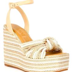 From Gianni Bini, The Leena Corded Knot Platform Wedge Sandals Feature: Natural Shine Cording And Leather Upper Functional Buckle Closure Synthetic Lining Memory Foam Sock Rubber Outsole Approx. 1.57" Cord Wrapped Platform Height Approx. 4.72" Cord Wrapped Wedge Heel Height Imported. New Without Box With Store Markings At The Outsoles. 10 M Summer Cream Wedge Sandals With Ankle Strap, Cream Summer Wedge Sandals With Ankle Strap, Cream Synthetic Wedge Sandals For Beach Season, Natural Color Wedge Heel Sandals For Beach Season, Natural Wedge Heel Sandals For Beach Season, Cream High Heel Wedge Sandals For Beach, White Straw Wedge Sandals, Cream High Heel Wedge Sandals For Vacation, Cream Wedge Heel Sandals For Beach Season