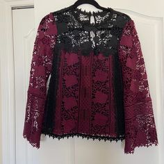 Never Worn. It's A Beautiful Top, But I Haven't Had The Occasion To Wear It. Black Lace Top With Lace Patchwork For Night Out, Black Lace Top For Fall, Black Lace Patchwork Tops For Evening, Black Lace Patchwork Blouse For Evening, Black Lace Top For Evening In Fall, Lace Top Black, Green Floral Blouse, Striped Tops Women, Peach Blouse