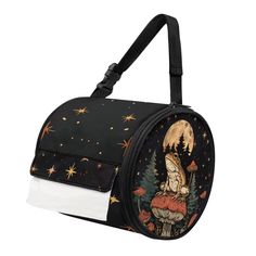 a black and white lunch bag with an owl sitting on top of a mushroom in the night sky