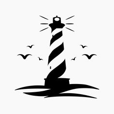 a black and white lighthouse with seagulls flying around it