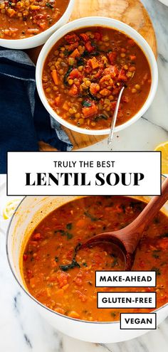 three bowls of lentil soup with the title overlay