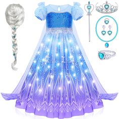 PRICES MAY VARY. 【9 Pcs Elsa Dress Up Set】---Our princess dress up set includes 9 pcs dress and accessories (a long Elsa wig, a crown, a wand, a necklace, a bracelet, a pair of earrings and a ring). Your little girl can enjoy head-to-toe Elsa role-playing suits with it. This is perfect for princess pretend play and roleplay, your lovely girls will realize their princess dreams 【Luxurious Light Up Elsa Dresses】---Our princess dresses features a fun and magic design with sparkling lights that will Elsa Frozen Toddler Costume, Elsa Dresses, Elsa Wig, Elsa Frozen Costume, Dress Up Clothes, Baby Costumes Girl, Elsa Costume, Kids Wigs, Frozen Costume