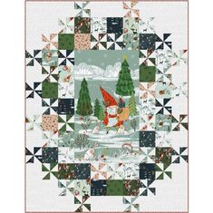 a quilted christmas scene with trees and gnomes