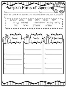 the pumpkin parts of speech worksheet for students to practice their language and writing skills