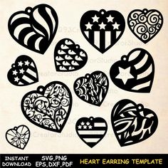 heart shaped paper cut outs with the american flag and stars on them, all in different shapes