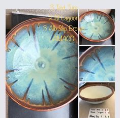 three pictures showing how to make a blue and brown bowl