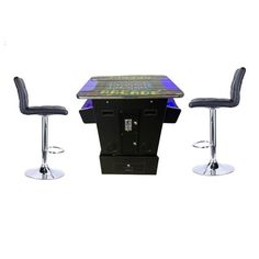 three stools and a table with a game on it in front of a white background