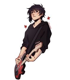 an anime character holding a guitar with stars on the back and black hair, wearing a black shirt