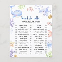 a printable baby shower checklist with sea animals and fish on it's back