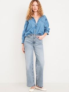 Extra High-Waisted Sky-Hi Wide-Leg Jeans | Old Navy Fall Washed Blue Bottoms With Button Closure, Relaxed Fit Button-up Bottoms For Fall, Relaxed Fit Button-up Fall Bottoms, Utility Button-up Bottoms For Fall, Button-up Utility Bottoms For Fall, Fall Utility Button-up Bottoms, Fall Denim Blue Button-up Bottoms, Light Wash Button-up Bottoms For Work, Light Wash Straight Hem Bottoms For Work