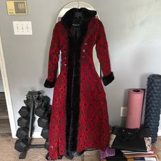 Red And Black Gothic Coat. Says M/L But Fits A Small Frame Better. I Am Busty So It Never Fit Me Right. Never Worn From Czech. Black Costume Outerwear, Black Outerwear For Costume, Red Costume Outerwear For Fall, Red Outerwear For Costume Events In Fall, Red Outerwear For Fall Costume Events, Red Outerwear For Fall Costume, Elegant Red Costume Outerwear, Red Long Sleeve Outerwear For Evening, Red Long Sleeve Evening Outerwear