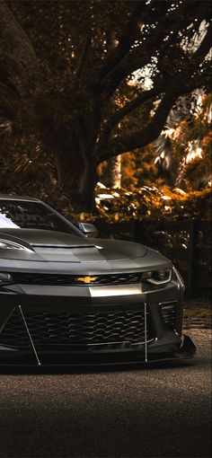 the chevrolet camaro is parked in front of a tree at night with its lights on