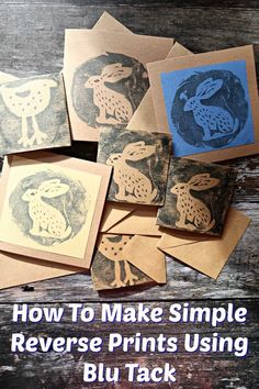 how to make simple reverse prints using blue ink on brown paper with the words, how to make simple reverse prints using blue ink