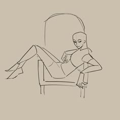 a drawing of a woman sitting in a chair with her legs crossed and feet spread out