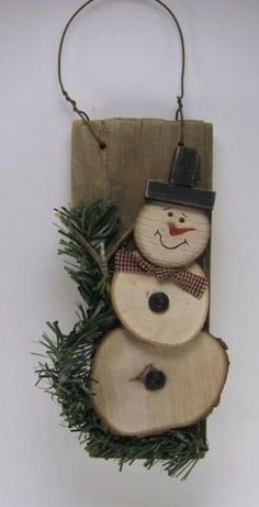 a wooden ornament with a snowman on it