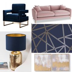 the interior design mood board is designed in gold, blue and pink