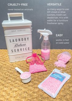 the contents of a laundry service product are displayed on a table with information about how to use it