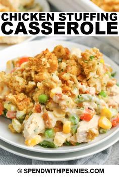 chicken stuffing casserole on a white plate with text overlay that reads, chicken stuffing casserole