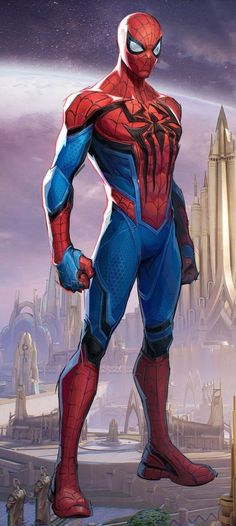 spider - man standing in front of a futuristic city with his hands on his hips