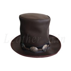 Make a chic style statement with Leather Skin shop’s Top hat. This hat is made from genuine leather (cowhide), giving it a smooth and luxurious feel. What’s more? The Top hat is comfortable to wear. Available in an affordable price, it makes for the perfect accessory to any outfit. Some of the things that set this hat apart: The band of the top hat is lined with metallic embellishments, giving it a fancy and attractive look. The flat crown of the hat and the slightly curved brim adds to the sophistication and class. It is available in many various sizes, and you can choose the one that best fits you. The high-quality full-grain leather adds to its durability and longevity. Intricate stitching, extensive detailing, and unique design – this is what makes this hat a wardrobe essential. Add on Formal Leather Felt Hat With Short Brim, Formal Leather Wide Brim Felt Hat, Wide Brim Leather Fedora For Formal Occasions, Wide Brim Leather Fedora For Formal Events, Formal Leather Hat With Flat Brim, Formal Flat Brim Leather Hat, Leather Hat With Flat Brim For Formal Occasions, Fitted Leather Hat With Curved Brim, Fitted Brown Leather Fedora