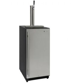 a silver refrigerator freezer sitting on top of a white floor next to a metal pole