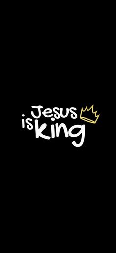 the words jesus is king written in white on a black background with a gold crown