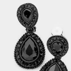 Black Glass Crystal Pave Trim Teardrop Clip on Earrings by BLUE ICEItem: Clip-On EarringsBrand: BLUE ICE Size: 0.75" X 1.5" (Inches) Color: Black Metal: Alloy, Lead & Nickle Free Material: Crystal Theme: Evening, Bridal, Prom, Pageant All Measurements Are Approximate. Sold As One Pair Of Earrings Facebook Black, Blue Ice, Crystal Collection, Glass Crystal, Black Glass, Ice Blue, Crystal Glass, Clip On, Black Metal