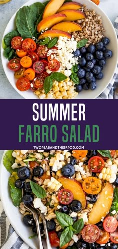 two bowls filled with different types of salads and fruit on top of each other