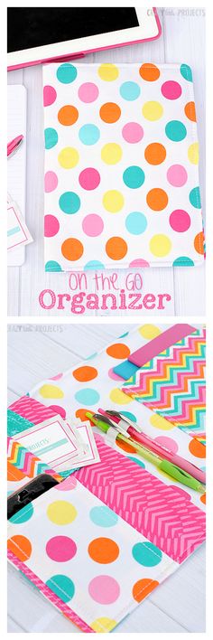 an organized binder with colorful polka dots on it