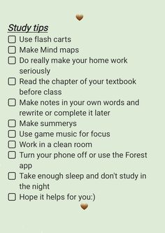 a checklist with the words study tips on it