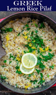 a pan filled with lemon rice and garnished with fresh herbs