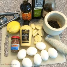 eggs, spices and other ingredients on a cutting board