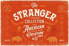 an orange and white poster with the words,'the stranger collection american creation & pack